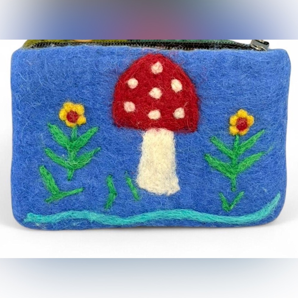 🦖 5 for $20 | Blue Felt Pouch with Red Mushroom Design